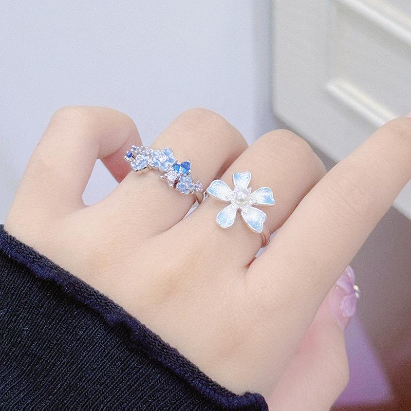 Star Flower Ring~ Blue Enamel Zircon Small Flower Adjustable Opening Ring Female Sweet Niche Index Finger Ring