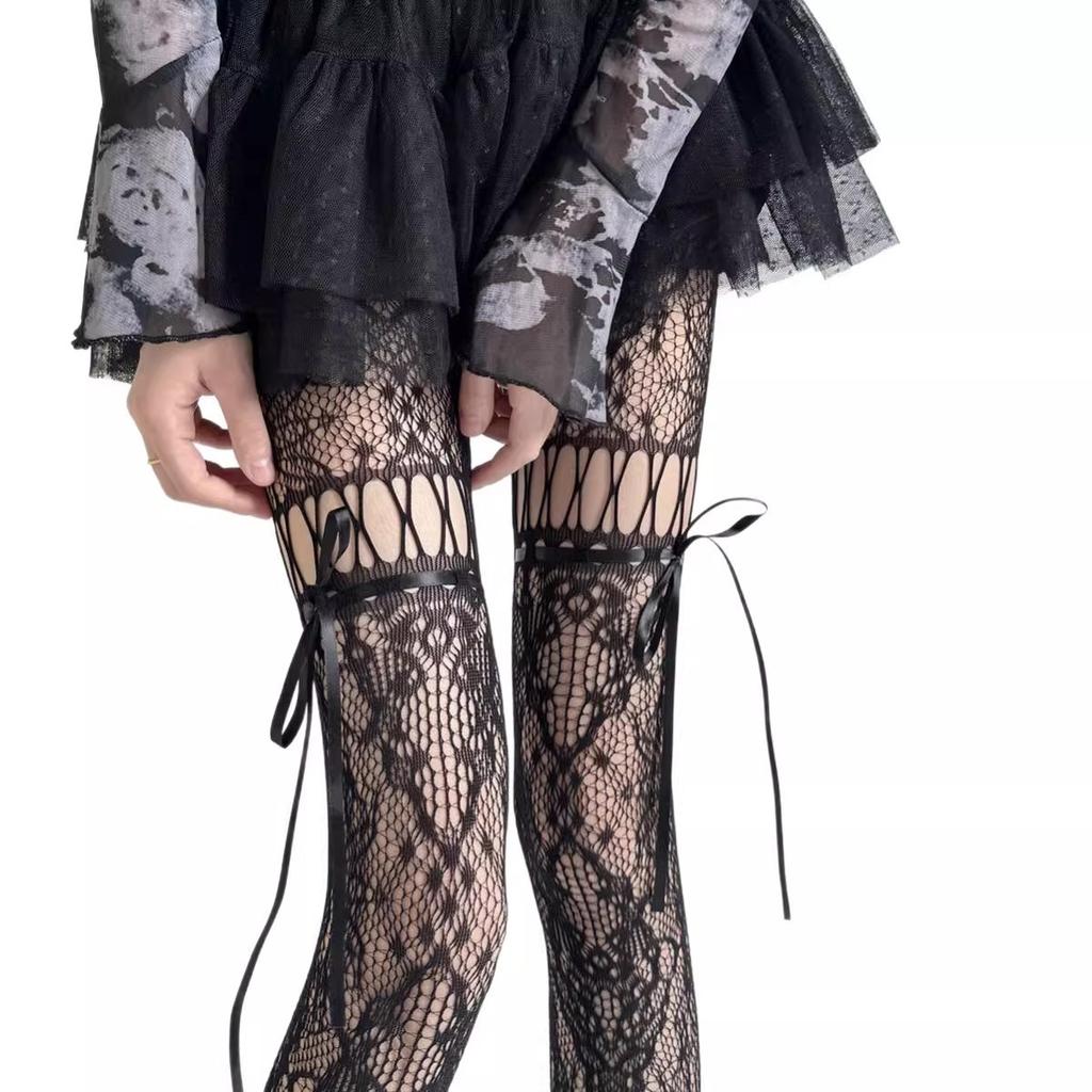 Spring/Summer Hollow Lace Bow Tie Mesh Pantyhose, Y2K Style Tights, Japanese Retro Drawstring Mesh Pants