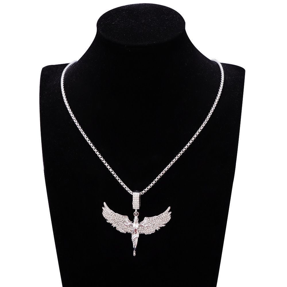 Unisex Vintage Angel Wing Pendant Necklace - Hip Hop Zircon Diamond Jewelry Accessories for Men and Women Sweater Chain