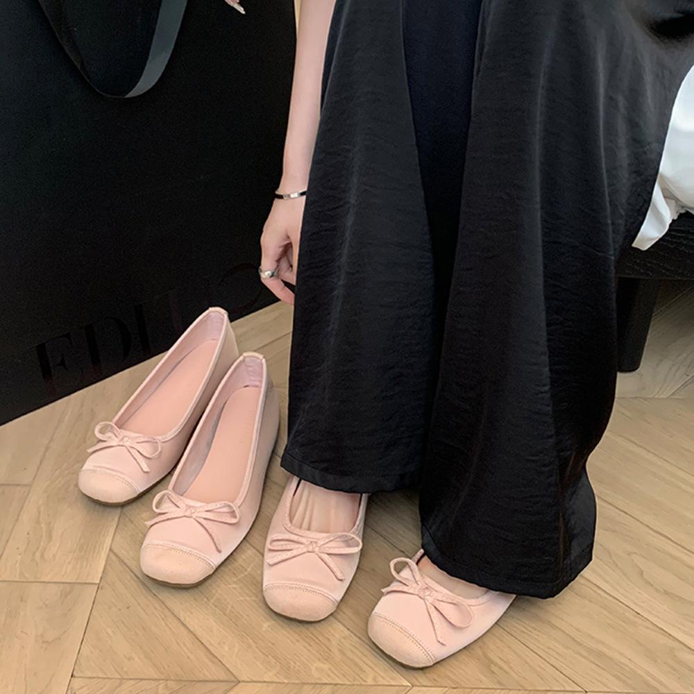 Sheepskin version~ Inner height-increasing bow one-word shallow mouth ballet half-drag single shoes for women