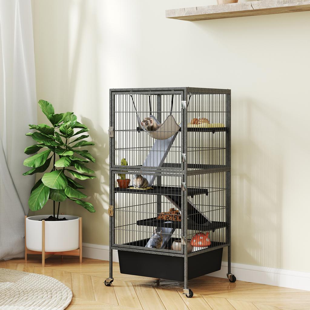 4-Tier Small Animal Cage with Ramps, Platforms, Hammock and Wheels, 52x52x115 cm, Grey