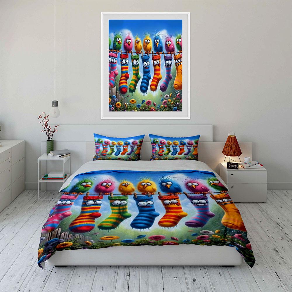 Colorful Cartoon Socks Decor Set Soft Comfortable Duvet Cover Bedding Set Included 1*Duvet Cover & 2*Pillowcases, Gift