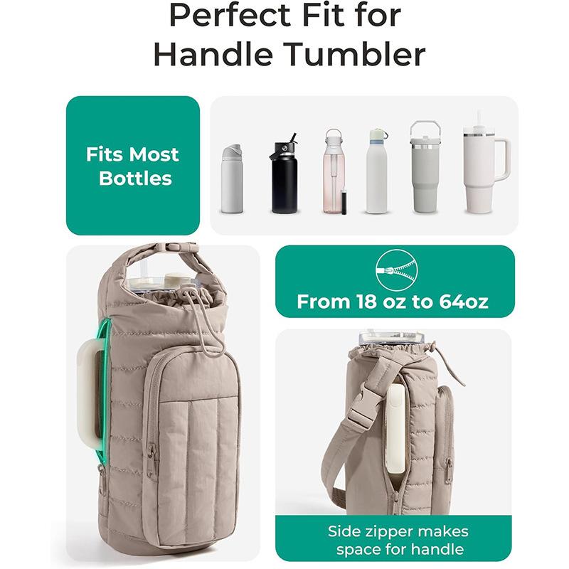 Down Insulated Water Bottle Carrier Portable Large Capacity Crossbody Bag for Outdoor Sports Travel Thermos Holder