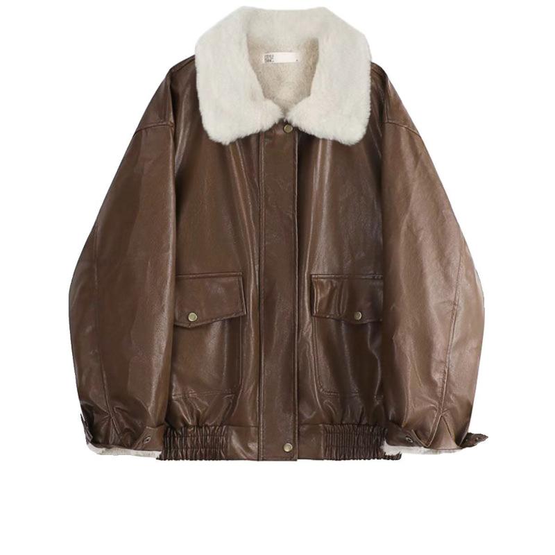 Y2k Lapel Long Sleeved Short Leather Jacket Women Vintage Slim Brown Cropped Coat 2024 New Fashion Lady Street Party Outwears