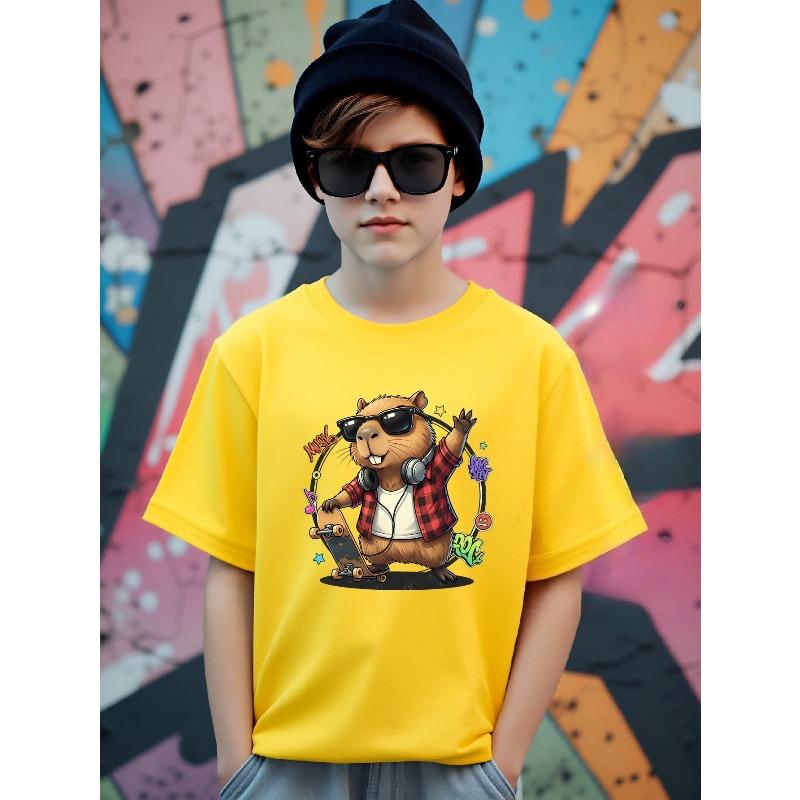 Boys Crewneck T-Shirt, Cool Skateboard Music Capybara Graphic Soft Breathable Short Sleeve Top