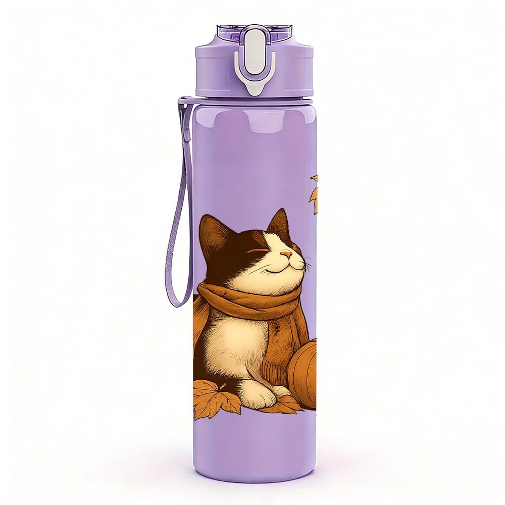 1PC Autumn Cat With Pumpkin 750ml Color Plastic Sports Water Bottle Leakproof Flip Straw Lid Suitable for Sports Office Home Use