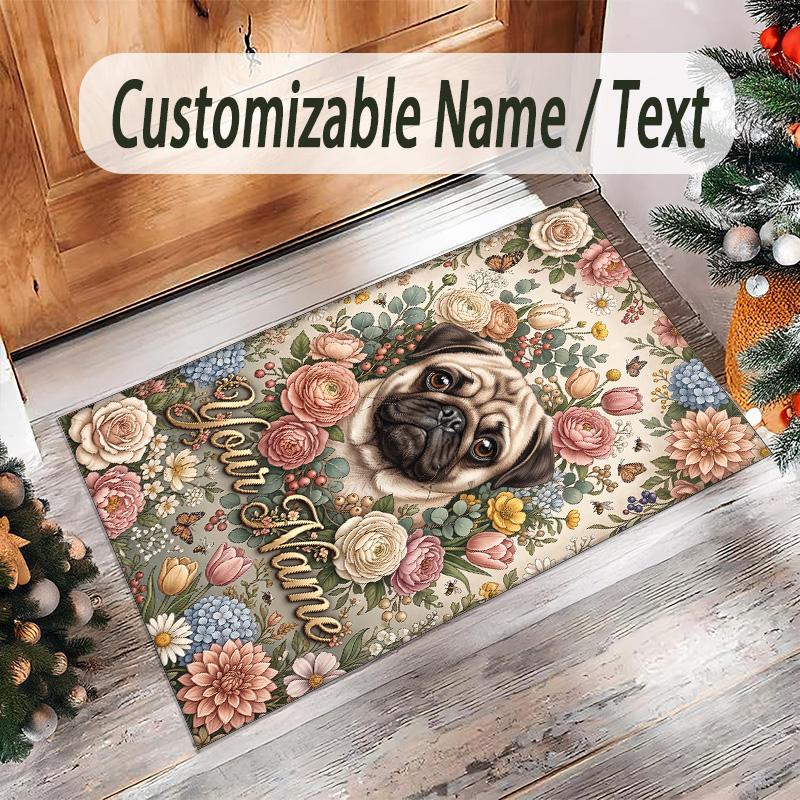 Pug Theme Crystal Velvet Floor Rug Personalized Custom Name Text Warm Carpet Home Decoration