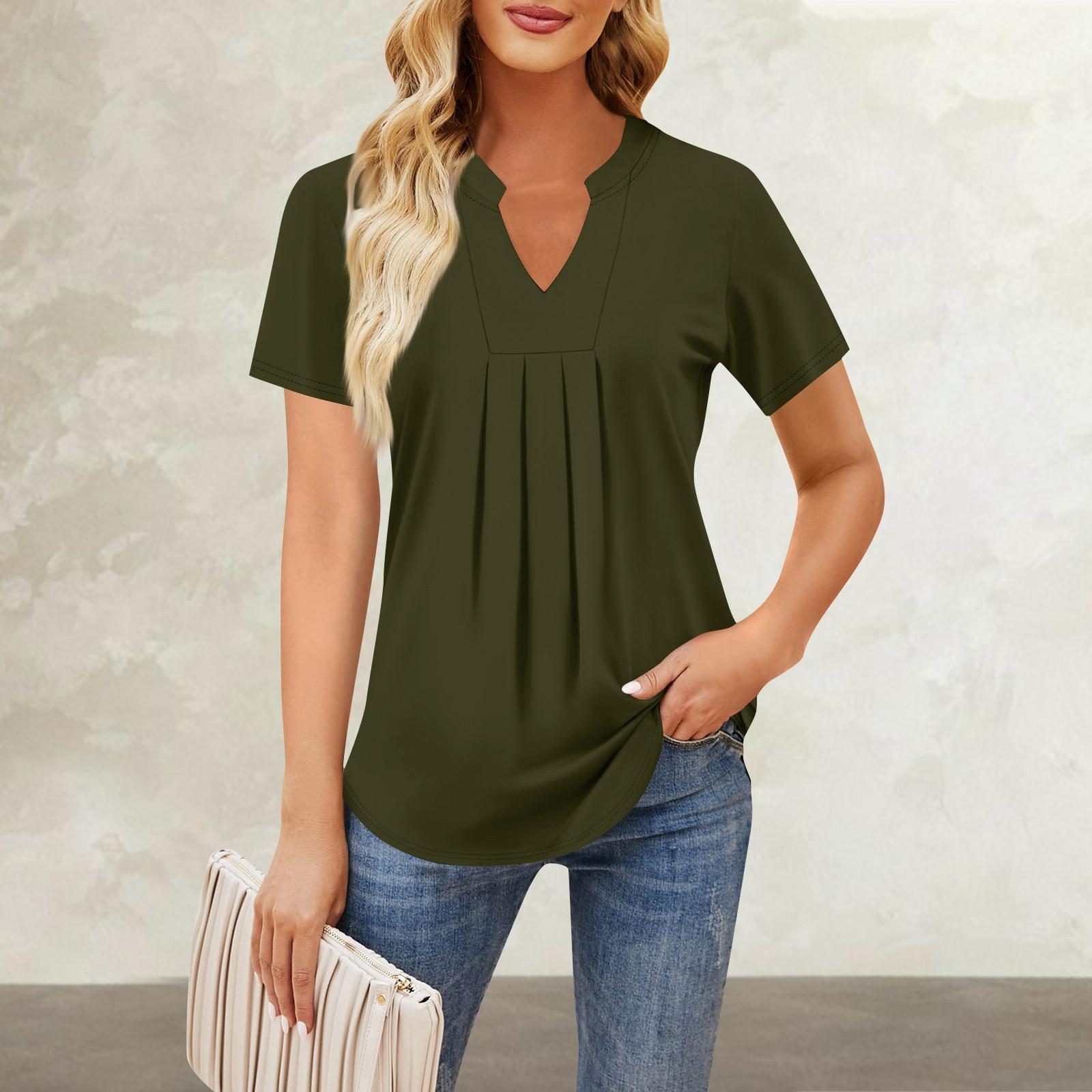 Женская повседневная свободная футболка с коротким рукавом и v-образным вырезом на груди — фото 12