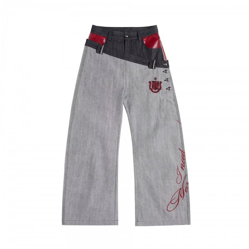 Mens Wide Leg Straight Cut Denim Pants With Double Waistband Retro Washed Style Casual Streetwear
