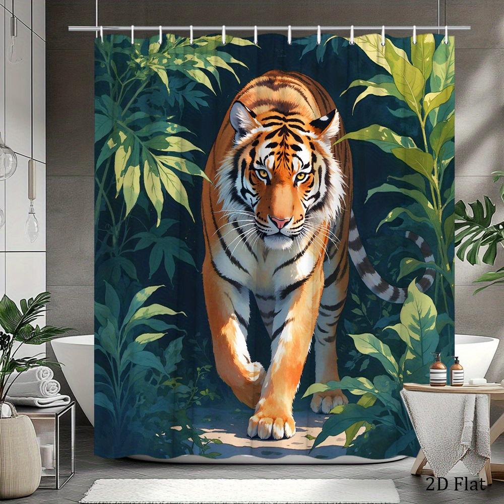 Majestic Tiger Shower Curtain Polyester Bathroom Decoration, Lush Green Leaves, Tropical Jungle Scene, 12 Hooks, 70X 70 Inches