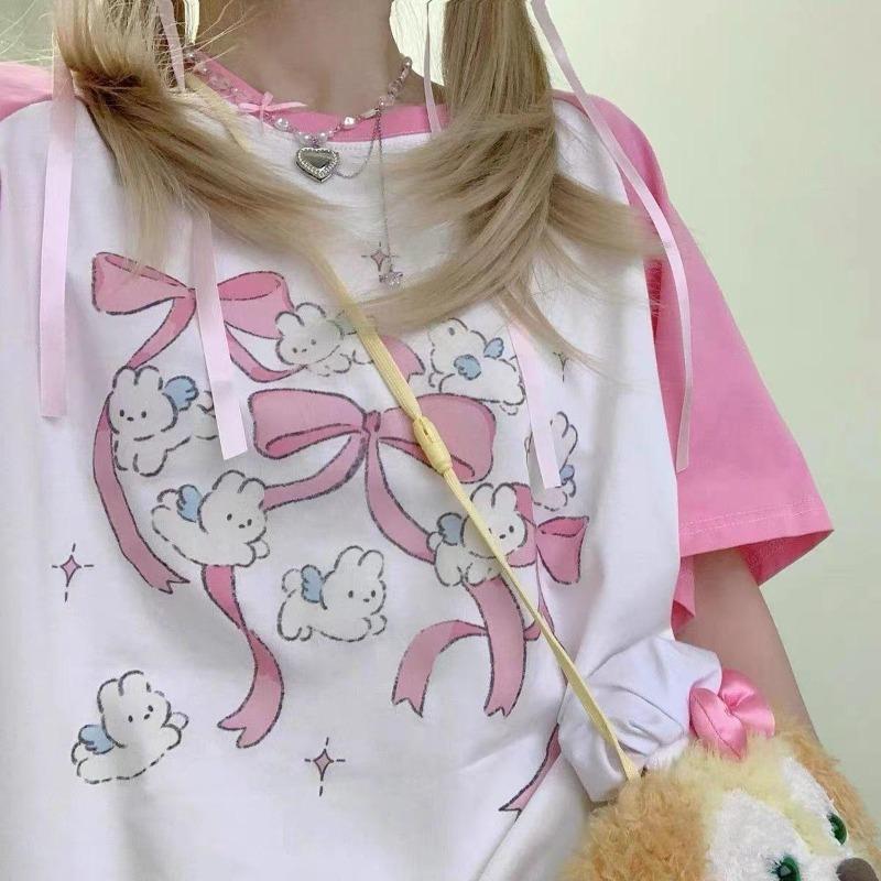 2KWEIRD Kawaii Rabbit Graphic Pink T Shirts Women Japanese Y2k Style Sweet Cartoon Tees Harajuku Cute Short Sleeve Tops