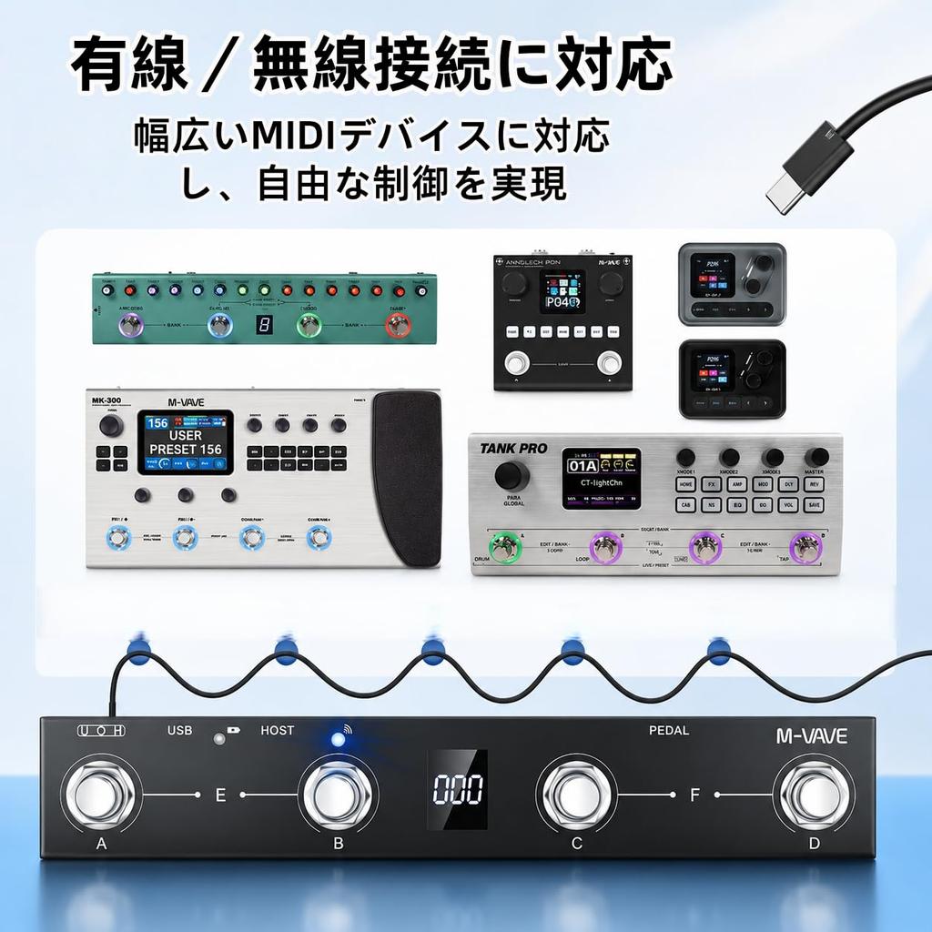 MIDI Footswitch MIDI Controller USB Connection Bluetooth Connection Built-in Rechargeable Battery Guitar Effects Pedal/Amplifier/DAW Control Compact L
