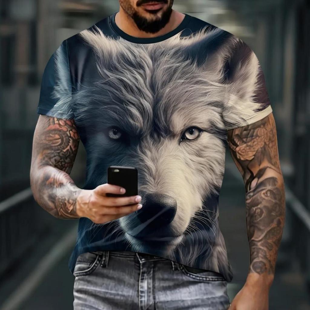 Men's T-shirt Summer Outdoor Sports Round Neck Tops Short Sleeve 3D Wolf Printed Pattern Large Size Loose Men's Clothing T-shirt