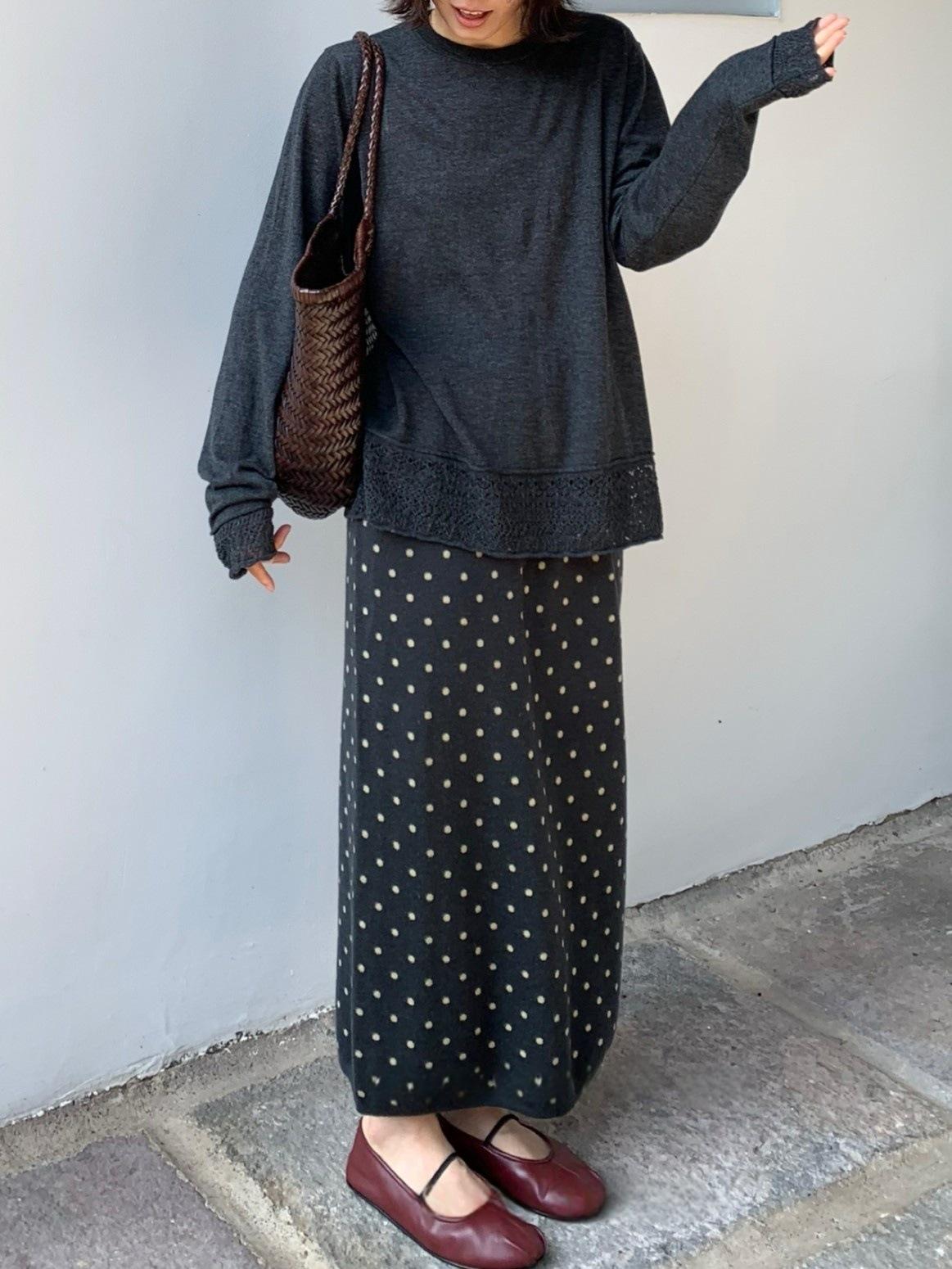 Retro Polka Dot Autumn Knit Midi Skirt with Wide Waist Belt One Size