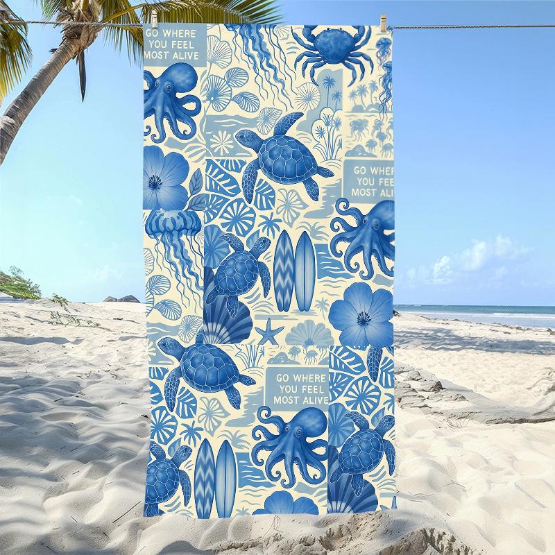 Cute Teal Turtle Towel, Starfish & Seashell Print Absorbent Summer Vacation Towel