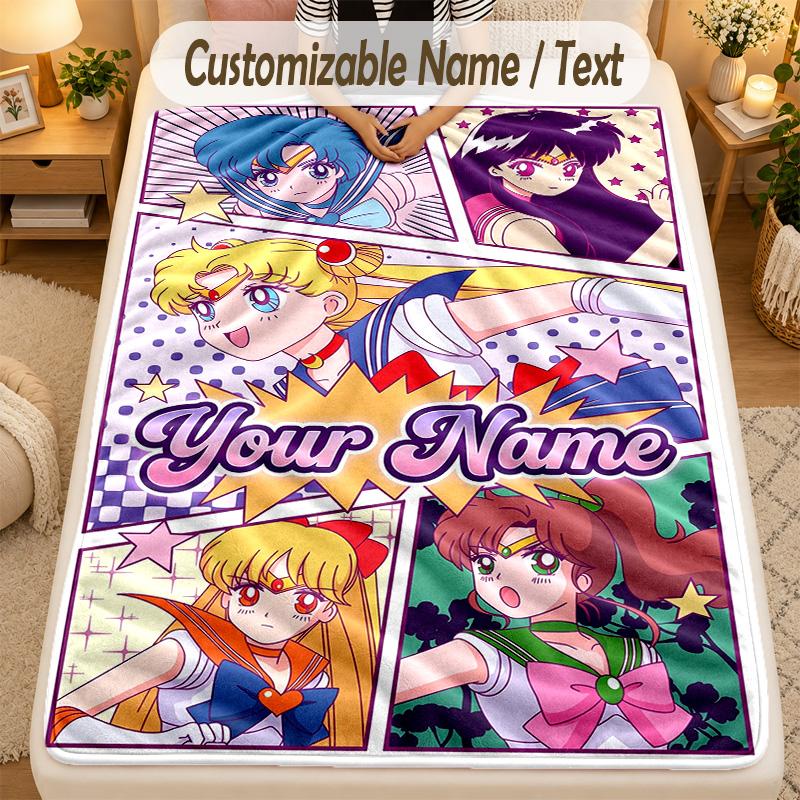 Flannel BlanketSailor Moon Custom Name Text Personalized Soft Warm Throw Blanket Home Decor Gift