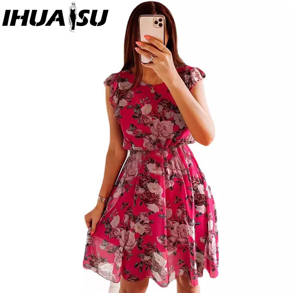 HNXC Fashion Women Casual Loose O-Neck Butterfly Sleeve Floral Print Dress