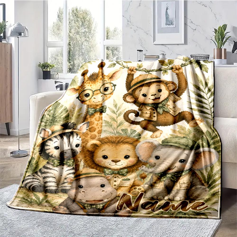 Custom Name Animals Theme Printed Blanket - Perfect for Couch, Bed, Travel & Outdoor Use | Machine Washable, Cozy & Durable.