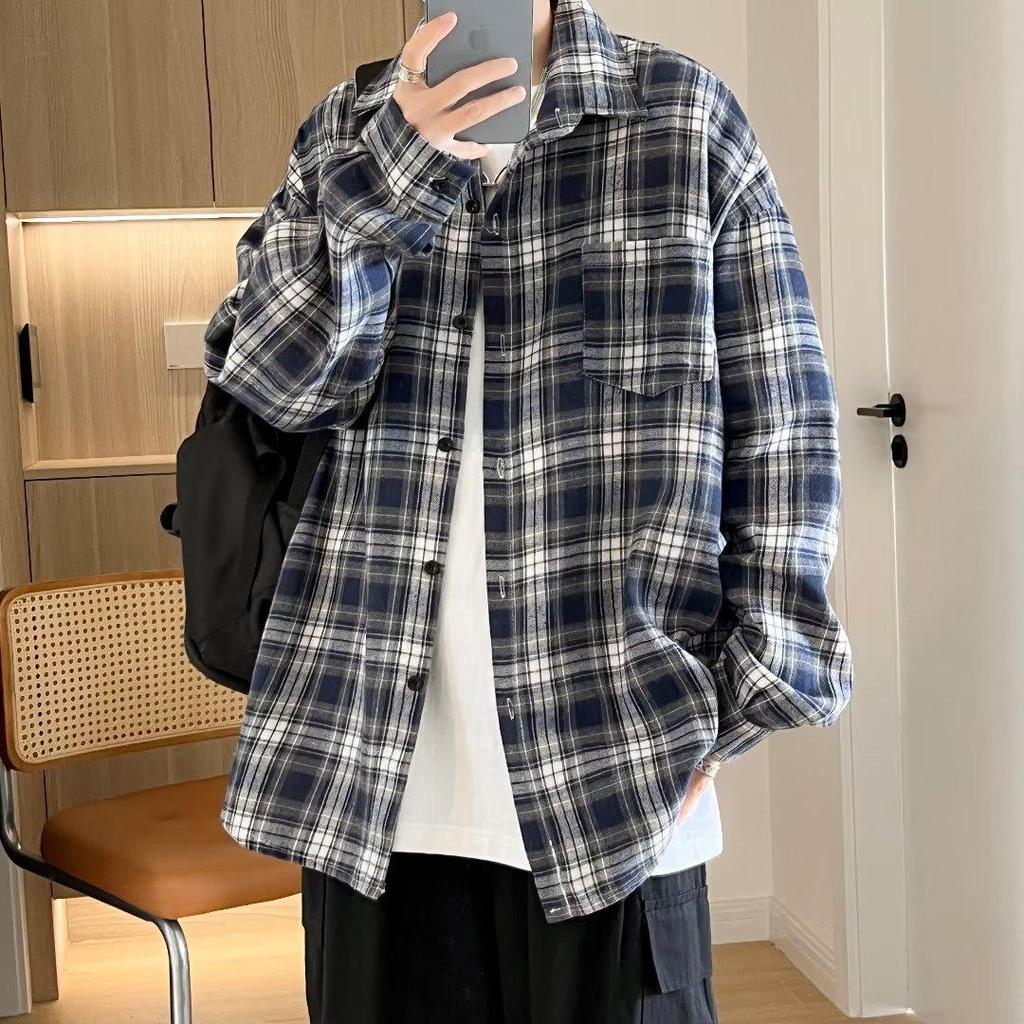 Unisex Retro Japanese Plaid Long-Sleeve Shirt - Trendy Hong Kong Lazy Style