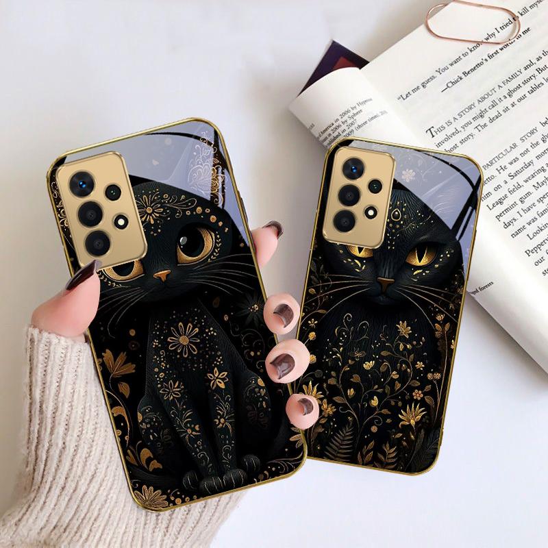 Fantastic Black Cat For Samsung A 01 52S A04 A05S A10 A12 A13 22 23 24 36 42 M02 Note 10 20Ultra 8 9 Golden glass phone case