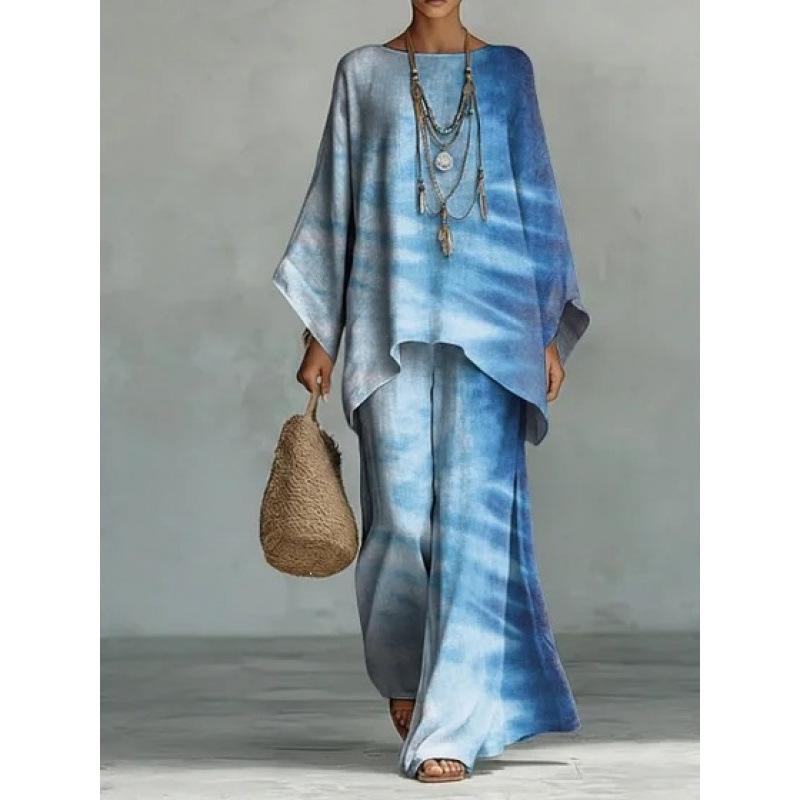 New round neck bat sleeve printed loose set bohemian lazy casual two-piece set