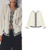 Summer New Women Clothes Single Row Multi-Button Round Neck Long Sleeve Contrast Color Patchwork Embroidery Decoration Shirts 5770043
