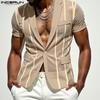 INCERUN Men Summer Deep V Striped Stitching See Through Mesh Sheer One Button Shirts