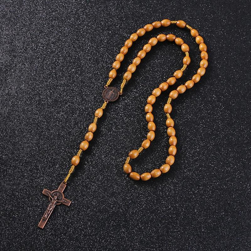 1 ST Handgemaakte Geweven Sint Benedictus Medaille Antiek Houten Rozenkrans Kruis Ketting Vintage Katholiek Religieus Jezus Sieraden