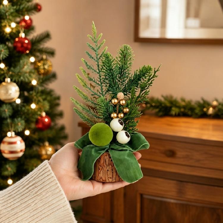 Wood Base Christmas Tree with Faux Branch Detail for Desk, Shelf, Counter, Entry Table, and Shop Front Display