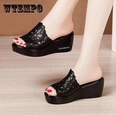 Wedge Heel Slippers Women's Sponge Cake Thick Bottom Fish Mouth Flip Flops Soft Bottom Black Hollowed Out Sandals and Slippers