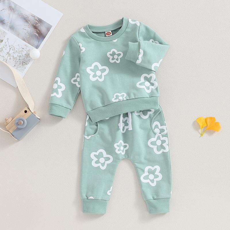 2-teiliges Baby-Mädchen-Outfit, 6 12 18 24, Blumendruck, langärmeliges Sweatshirt mit Rundhalsausschnitt und elastischer Taille, Jogginghose, Herbstkleidung