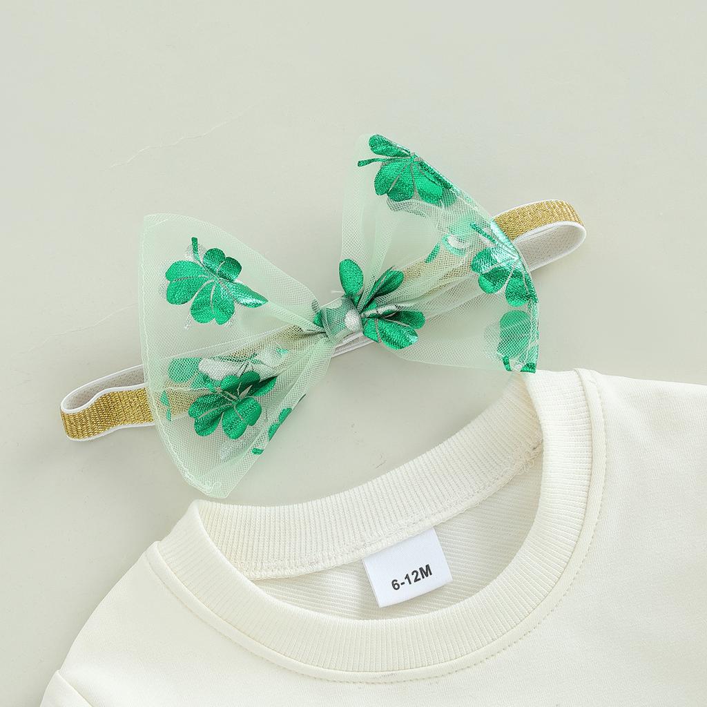 Kinder Gir Irischer Tag Outfit Buchstabenstickerei Langarm Sweatshirt und Klee Mesh Tüllrock Stirnband Set