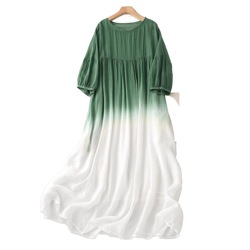 8973 Five-Sleeve Plus Size Gradient Cotton Linen Dress - Loose-Fit Early Autumn Style
