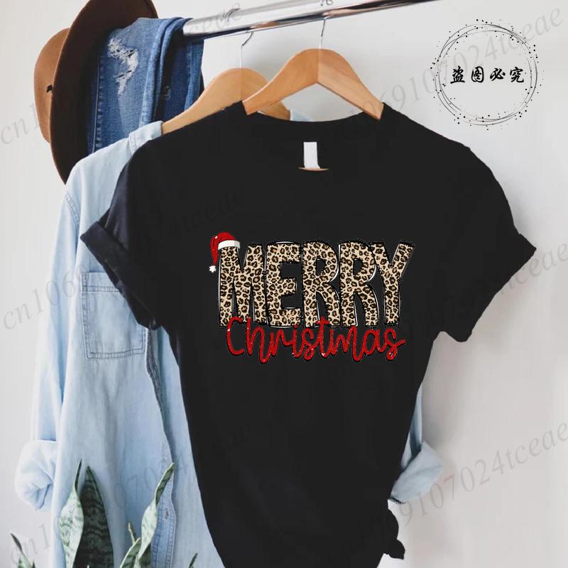 Leopard Merry Christmas Print TShirts Crew Neck Tshirt Casual Short Sleeve Top for Christmas Unisexs Clothing Tshirt Top