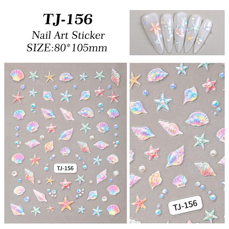 Cartoon Ocean Nail Art Stickers Relief 5D Summer Starfish Seashell Colour Nail Decals Decoration Accessories Diy