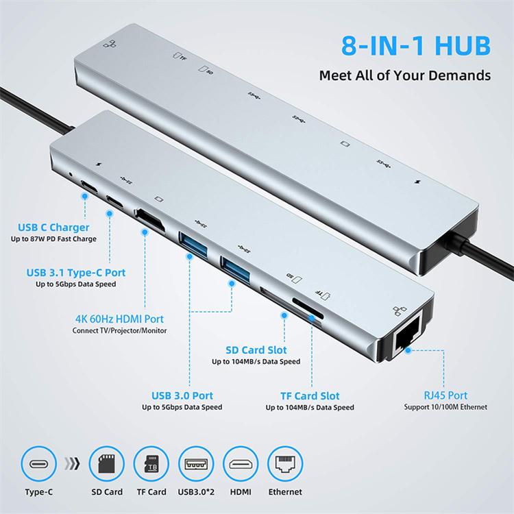 8 in 1 USB C HUB Type C to USB 3.0 Splitter 100W PD Charge RJ45 Lan Adapter 4K HDTV for Type C Laptops