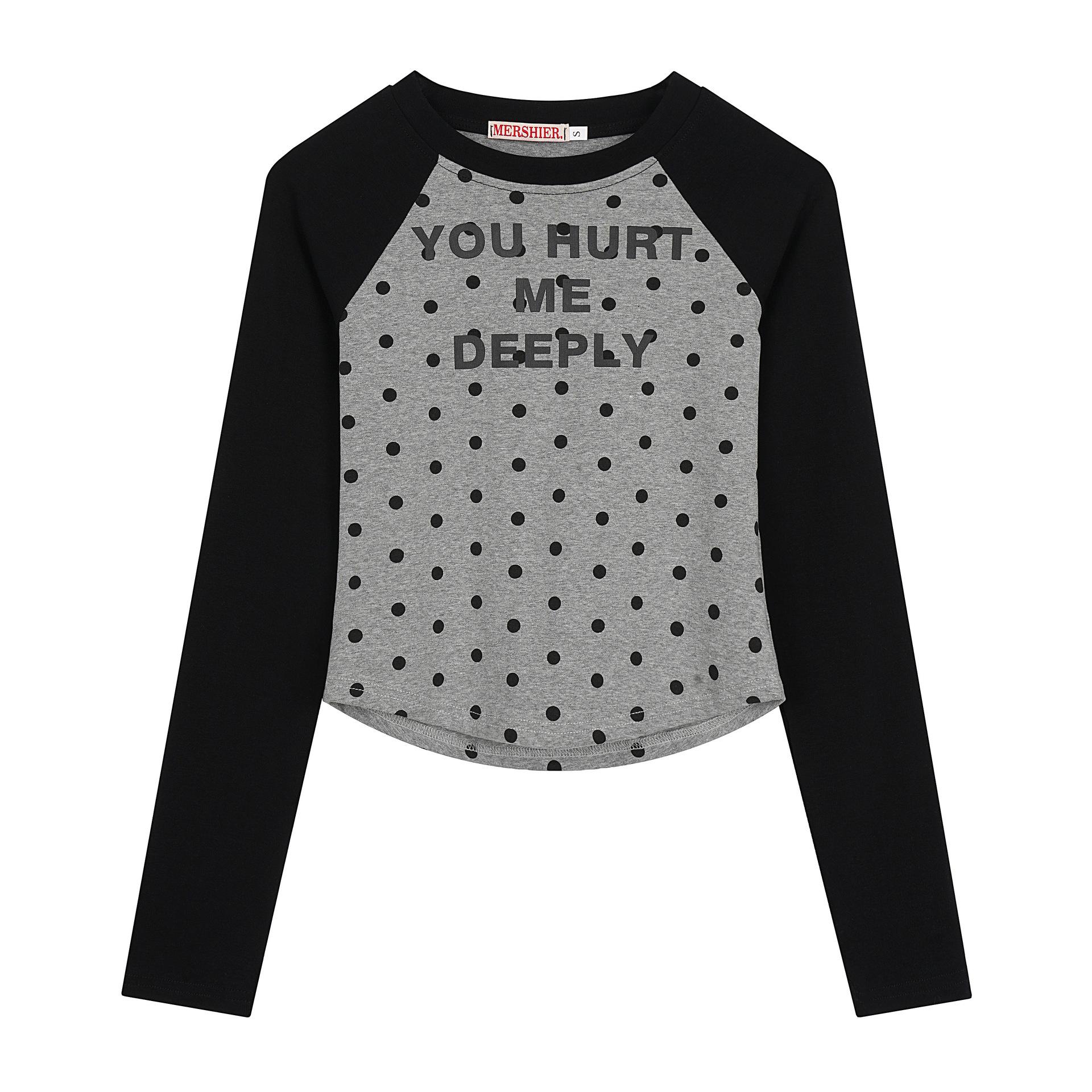 Polka Dot Slim Fit Raglan Sleeve Top - Contrasting Colors & Letter Print Medium