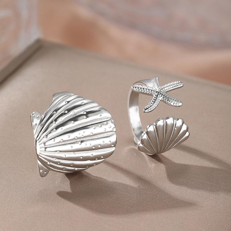 Stainless Steel Sea Star Shell Open Rings For Women Men Vintage Gold Color Adjustable Finger Ring Jewelry Beach Party Gifts