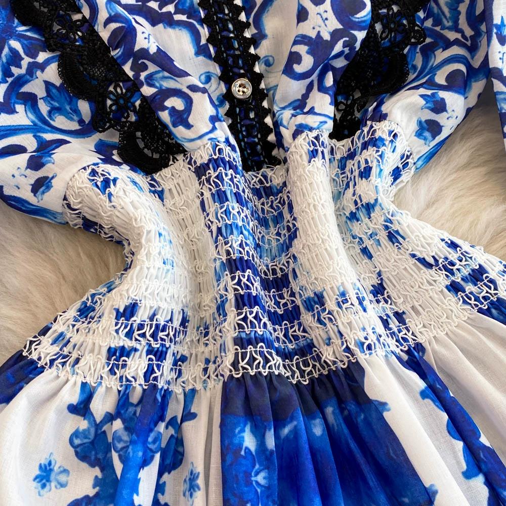 Jaro Podzim Dámské Vintage Tisk Šifon Krajka Patchwork Krátké Společenské Šaty