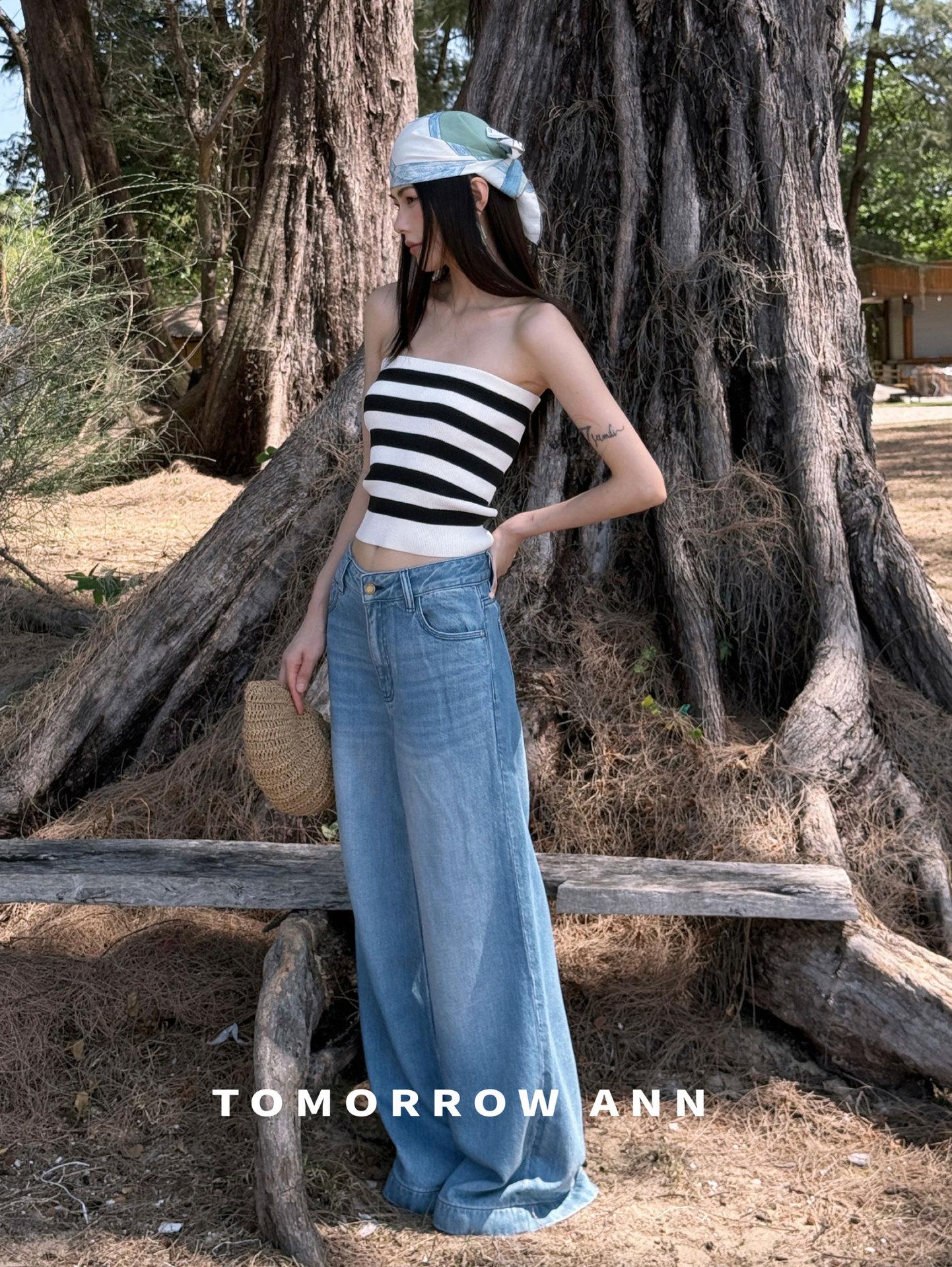 TOMORROWANN Tencel Cotton Wide Leg Jeans - Slimming Fit, Light & Dark Blue, Multiple Colors Available Small