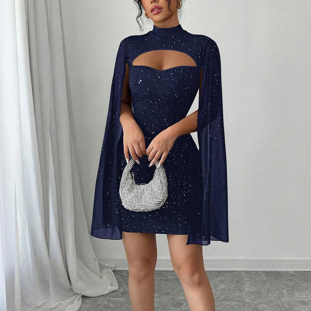 Womens Summer Round Neck Ribbed Pearl Chiffon Cape Bodycon Dress Elegant Slim Fit Mini Dress