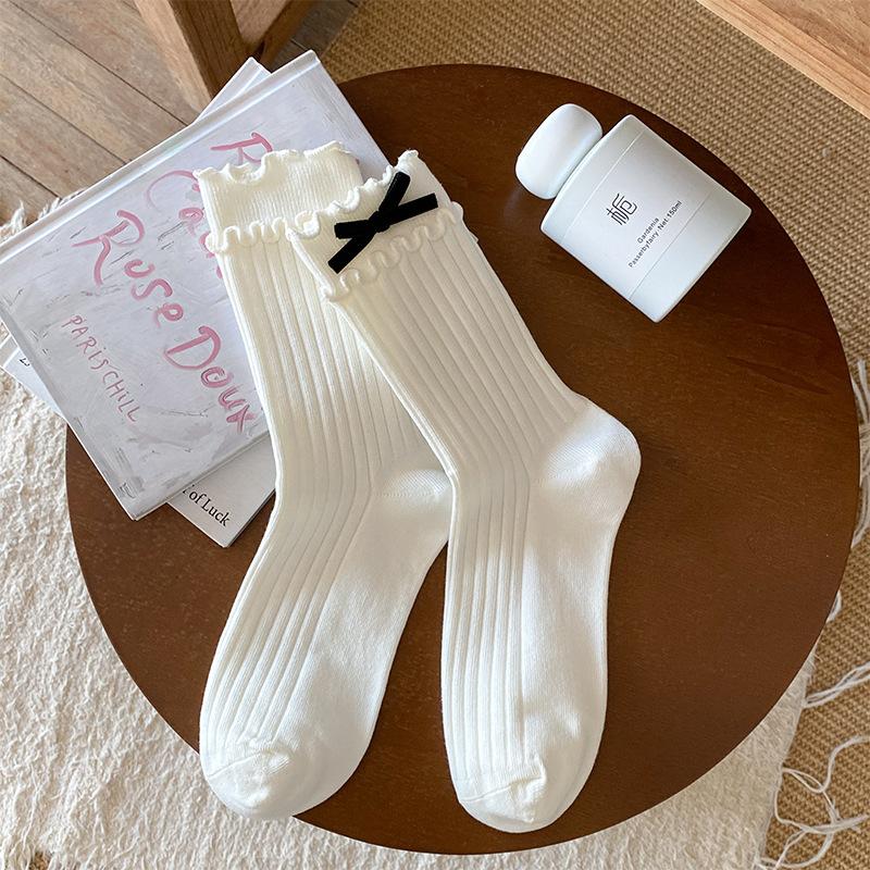 Female Spring and Autumn Pure Color Sweet Velvet Bow Double Wood Ear Edge In The Tube Pile Socks