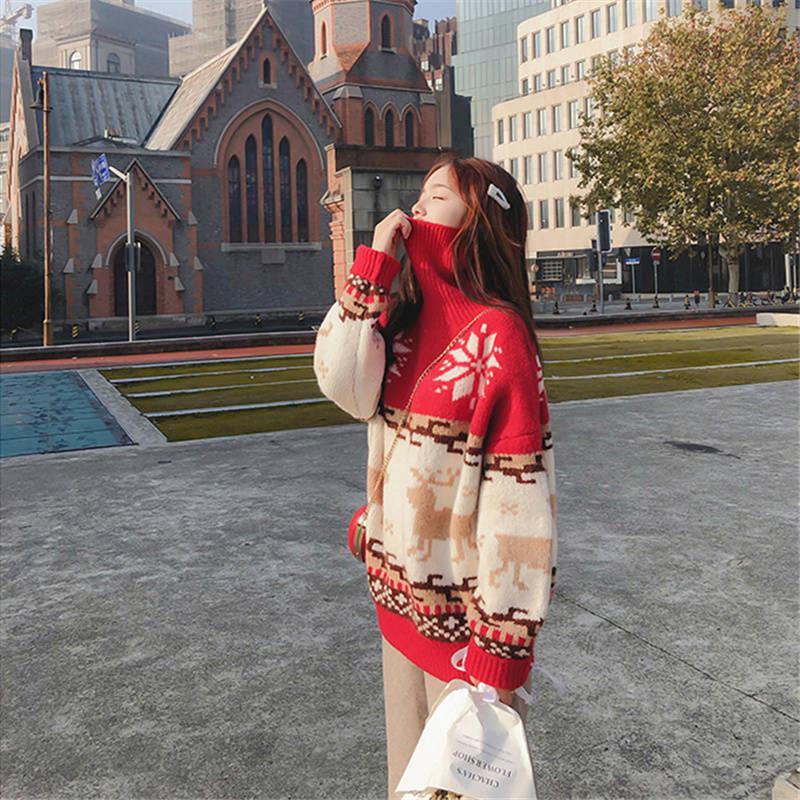 WTEMPO Turtleneck Christmas Elk Pullover Sweater Women Loose Autumn Winter Thickened Warm Fashion