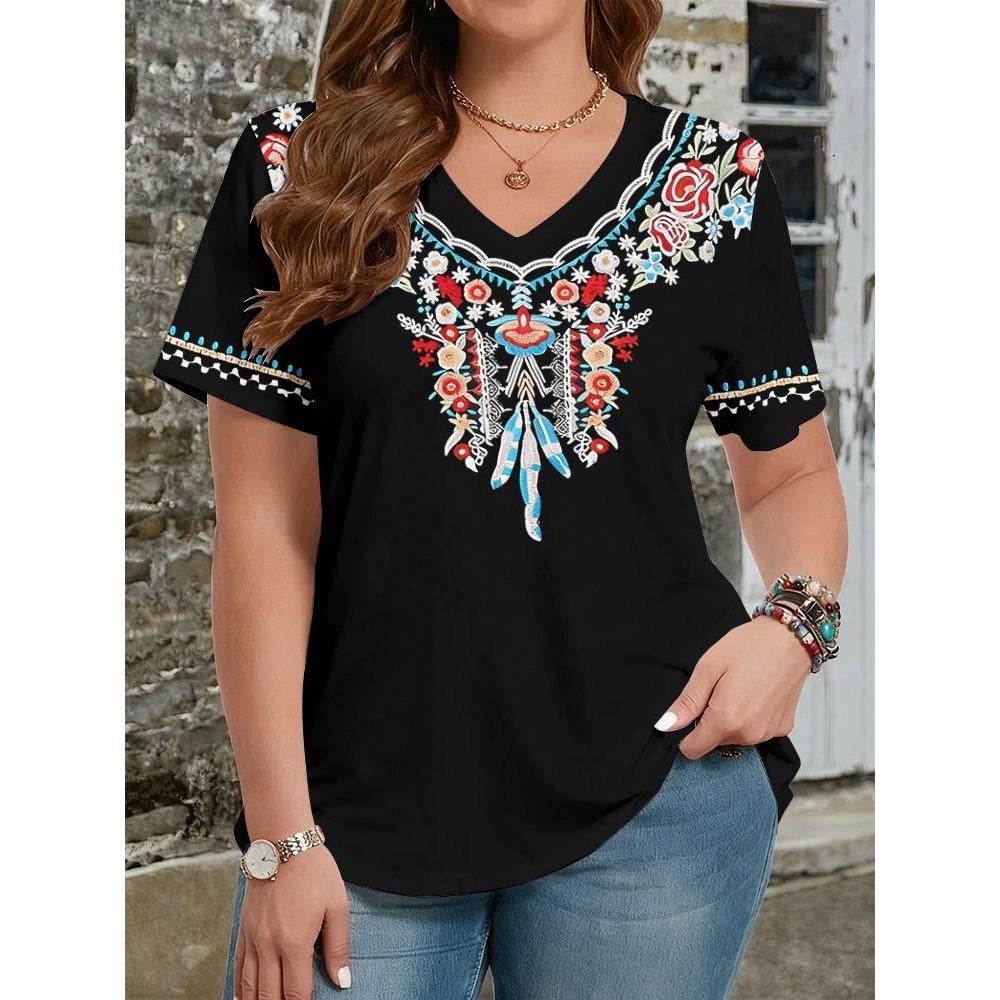 Summer Ethnic Style Floral 3D Print T-Shirts Women's V-Neck Short Sleeve T Shirt Y2k Harajuku Tees Casual Tops Female Clothing