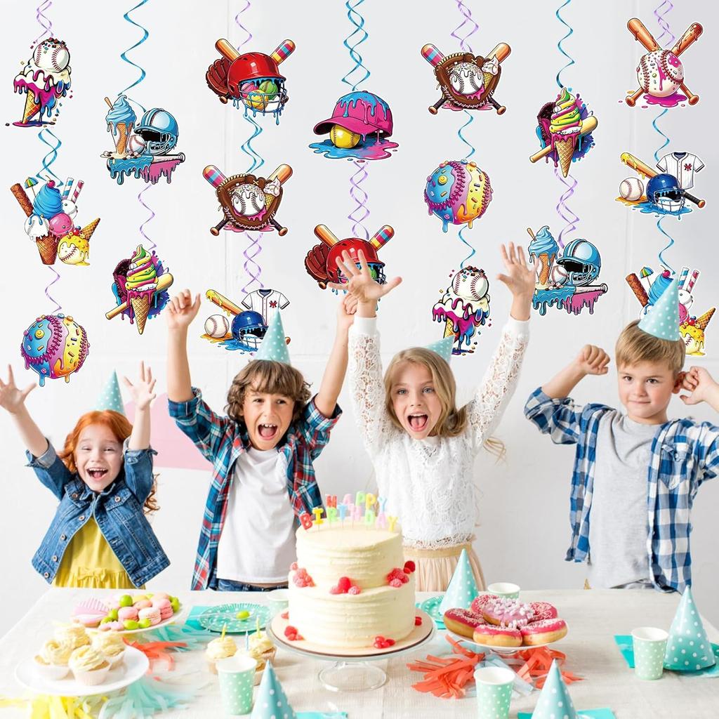 60Pcs Ice Cream Drip Baseball Hanging Swirls Sport Themed Birthday Party Decorations Baseball Ice Cream Theme Ceiling Streamers Hanging Decorations