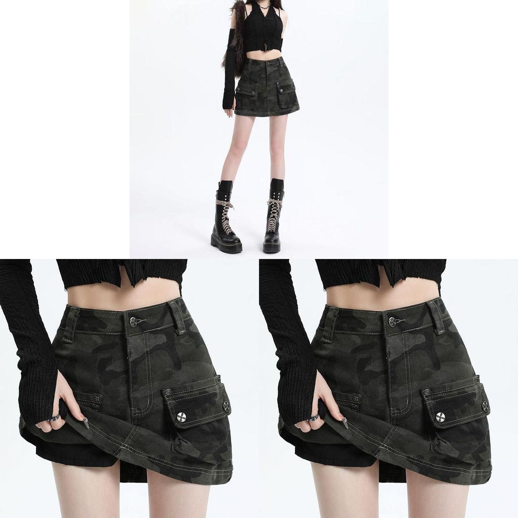 Minigonna in Denim Mimetico Verde Militare con Lavaggio Vintage per l'Uso Casual Estivo