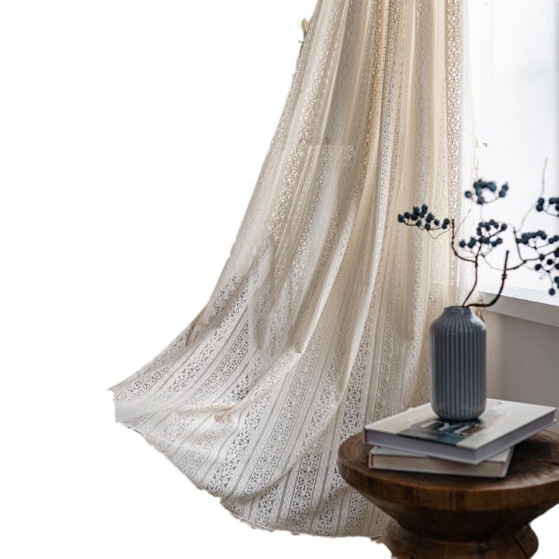 Nordic Beige Geometric Floral Lace Curtain Fabric for Living Room and Bedroom