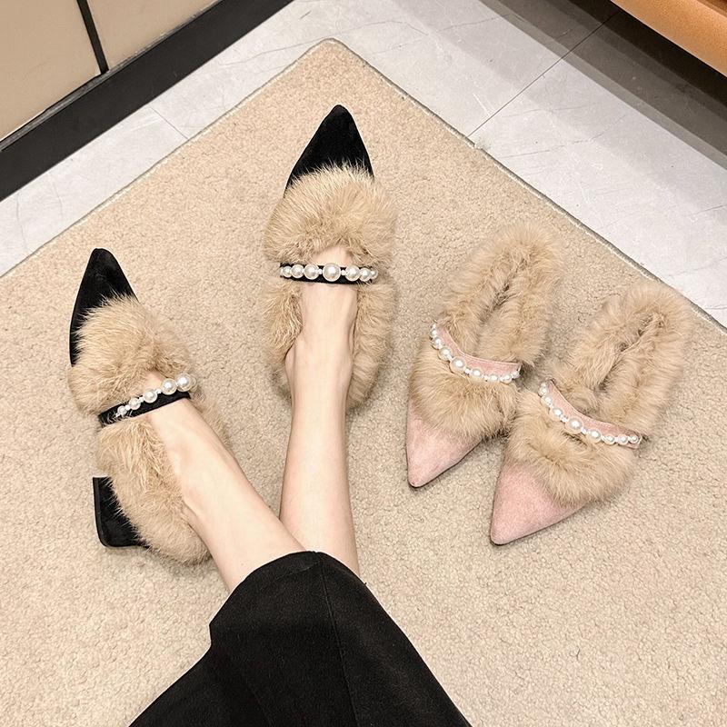 Women's Chunky Heel Suede Pointed Toe Low-Cut Furry Cotton Shoes for Autumn/Winter