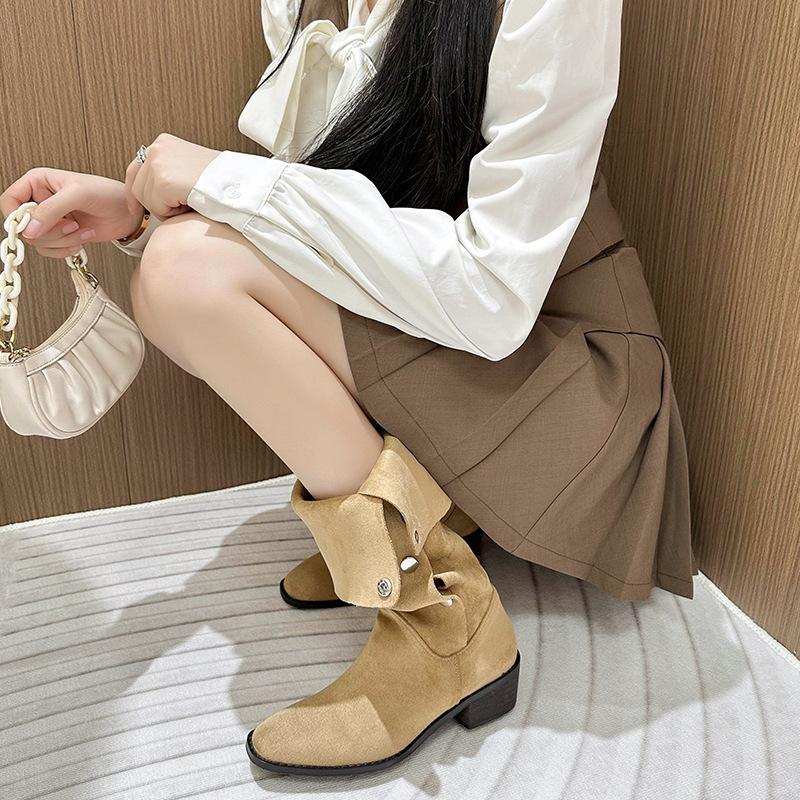 2025 autumn and winter new stacking boots medium tube thick heel knight boots pleated western cowboy boots but knee boots women