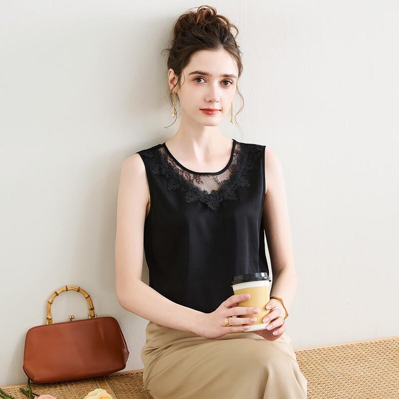 TUHUANG Elegant Mulberry Silk Blend Lace Round Neck Sleeveless Top L